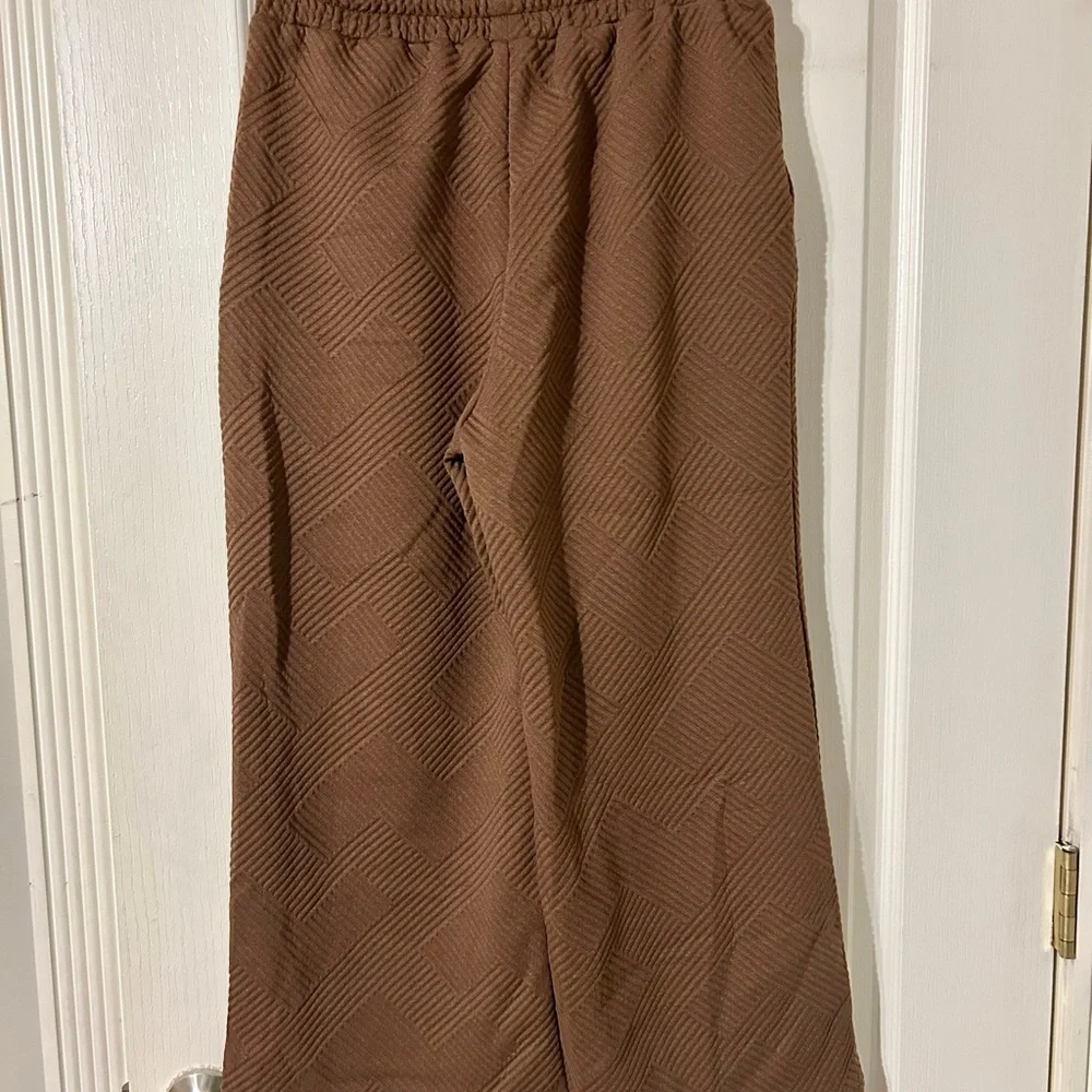 Brown Wide Leg Pants Small Textured Comfy Lounge Elastic Waist Drawstring - Picture 4 of 5